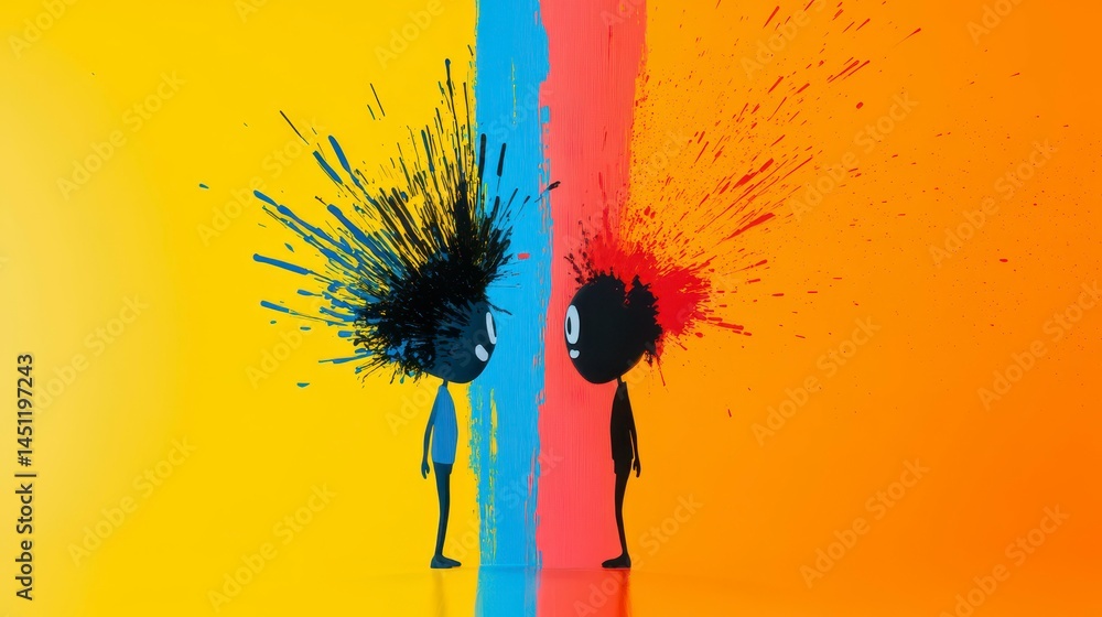 Poster two stylized figures expressing creativity and contrast with vibrant paint splashes on a dynamic bac