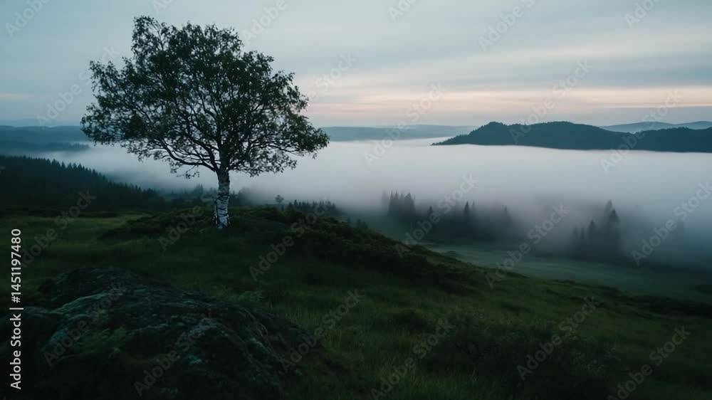 Leinwandbilder scenic landscape featuring a lone tree atop a hill with a backdrop of rolling hills and a sea of mis
