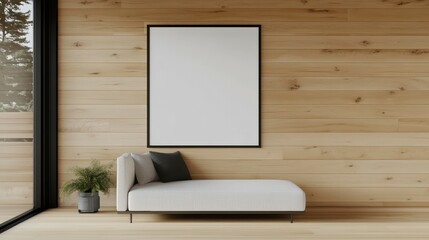Fototapeta premium Minimalist interior design featuring a modern chaise lounge with a blank canvas in a serene wooden setting
