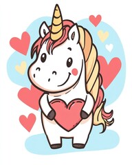 Fototapeta premium Cute unicorn holding heart, Valentine's Day card (1)
