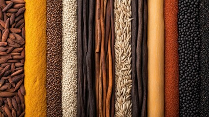 A vibrant array of spices and seeds elegantly displayed in various textures and colors, showcasing culinary diversity and richness in flavor