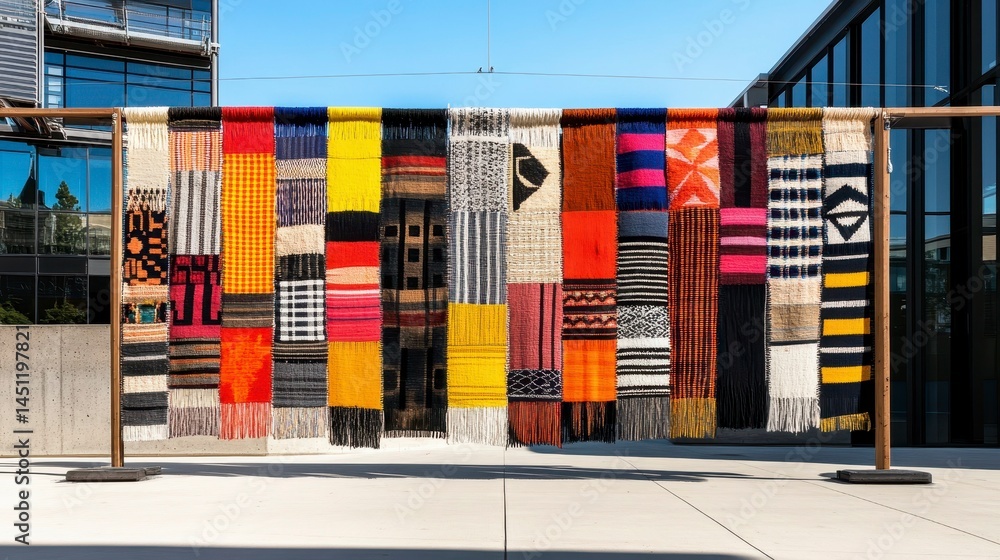 Poster a vibrant display of colorful textile art showcasing diverse patterns and textures in an outdoor urb
