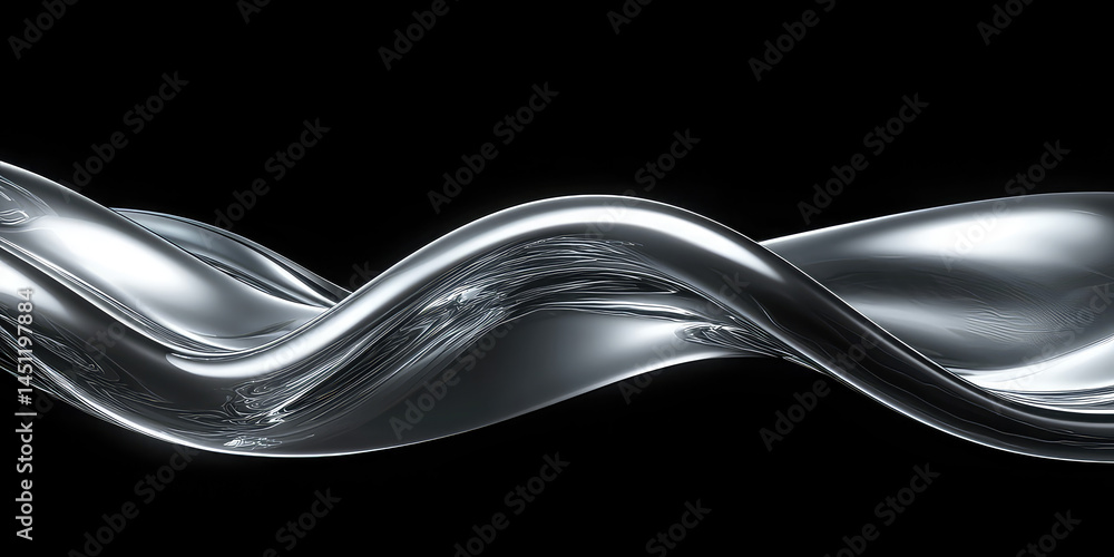 Poster a metallic ribbon flowing and twisting against a stark black background in a studio setting