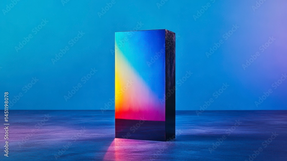 Poster a striking abstract display of vibrant colors and reflections on a sleek crystal structure against a