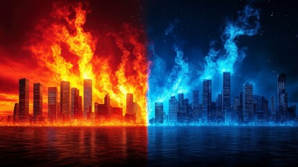 A striking representation of contrasting worlds depicted through fire and ice in a cityscape, showcasing the duality of nature's extremes.