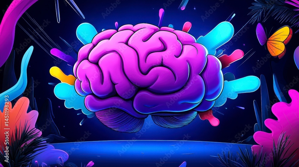 Poster a vibrant and imaginative representation of a human brain surrounded by colorful abstract elements i