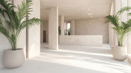 the image showcases a minimal and modern interior space bathed in soft, natural light. the walls and floor are finished with a textured, off white material, creating a warm and inviting atmosphere