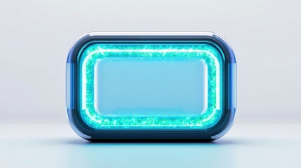 Futuristic rectangular display with glowing blue and green lights and a glass-like exterior, ideal for showcasing modern technology