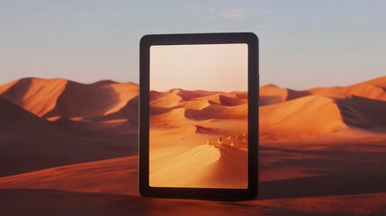 A surreal digital tablet reflecting a vast desert landscape, merging technology and nature in a striking visual contrast.