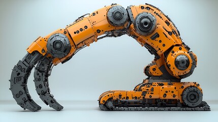 Orange robotic arm with mechanical hand and base.