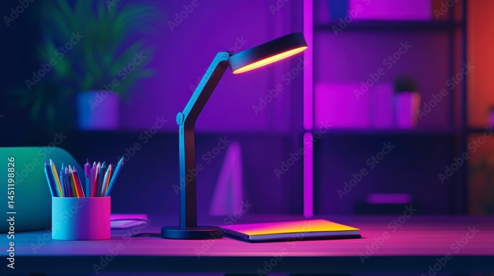 Poster contemporary desk scene with a stylish lamp illuminating a notebook, surrounded by colorful statione