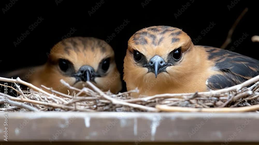 Poster close-up of two birds in a nest, showcasing their detailed features and intense gaze against a dark 