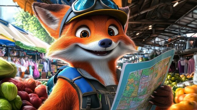 Cheerful cartoon fox exploring a vibrant market with a map, surrounded by fresh produce and colorful stalls