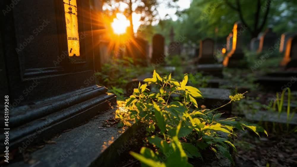 Poster sunlit graveyard scene features old tombstones with vibrant green foliage. sunlight creates lens fla