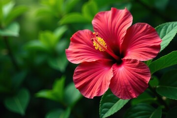 Bold tropical hibiscus, lush green leaves, vibrant color burst, vibrant, background, design