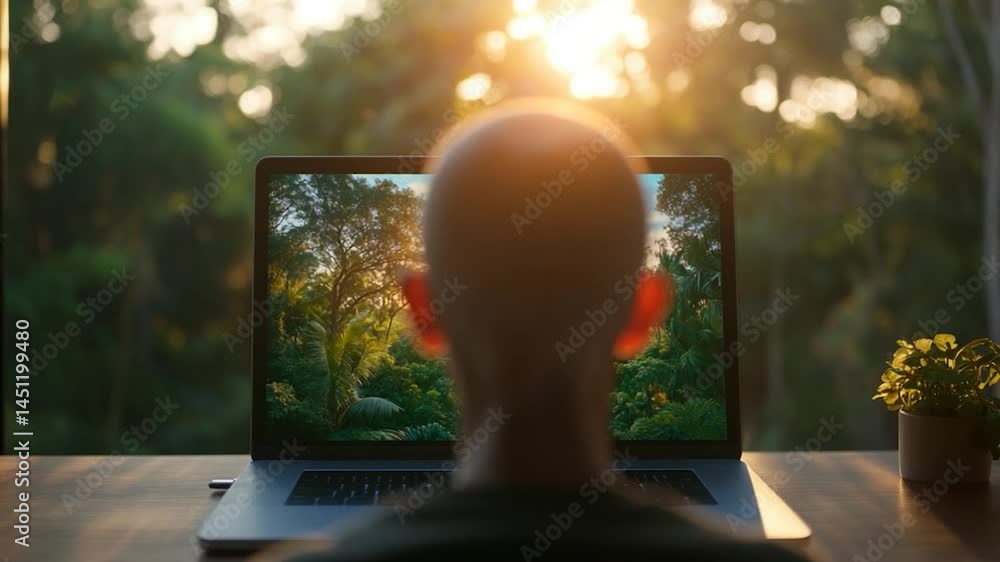 Poster Person viewing lush forest landscape on computer screen with sunlight streaming through window with a plant on the right. The background is out of focus