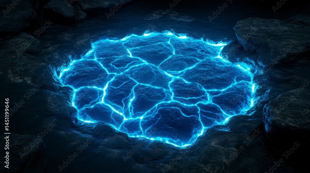 Poster a mesmerizing glowing pool of water with vibrant blue light emanating from its surface, surrounded b