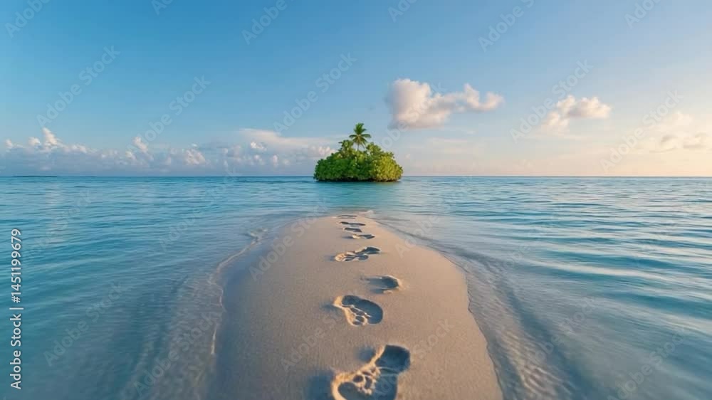 Poster Scenic ocean view with a sand path leading to a tropical island. Footprints in the sand under a blue sky, creating a sense of journey and exploration