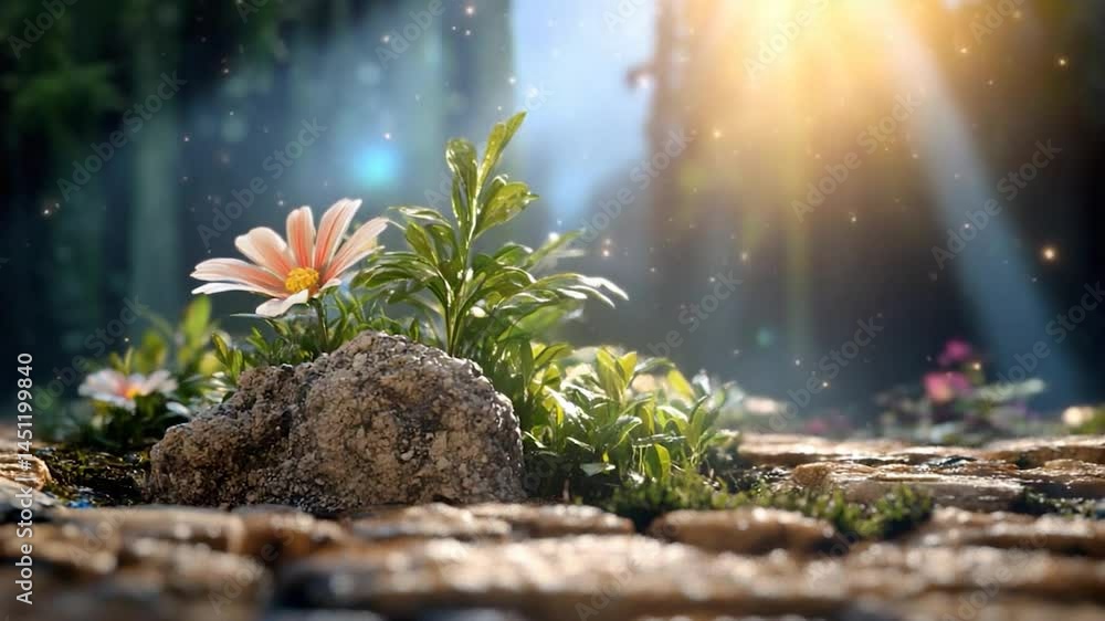 Aufkleber close up of a flower with pink petals and yellow center grows near a rock in a magical forest with b