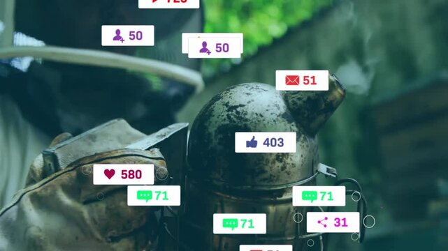 metal beekeeping smoker resting on wood surface, floating icons highlighting AR technology features