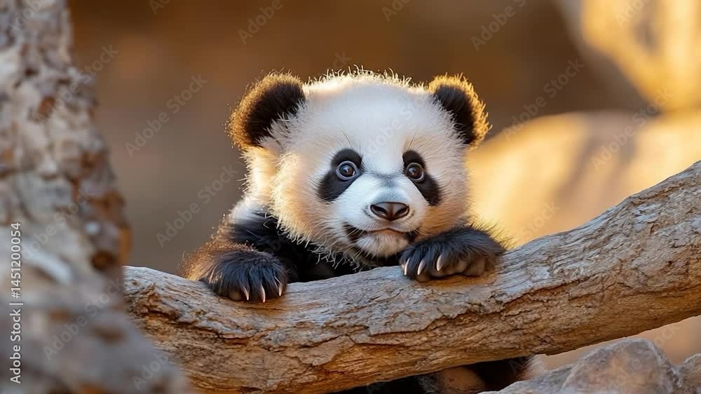 Aufkleber Charming panda cub clinging to a tree branch illuminated by golden sunlight. Features a fluffy white and black coat with expressive eyes in a soft focus background