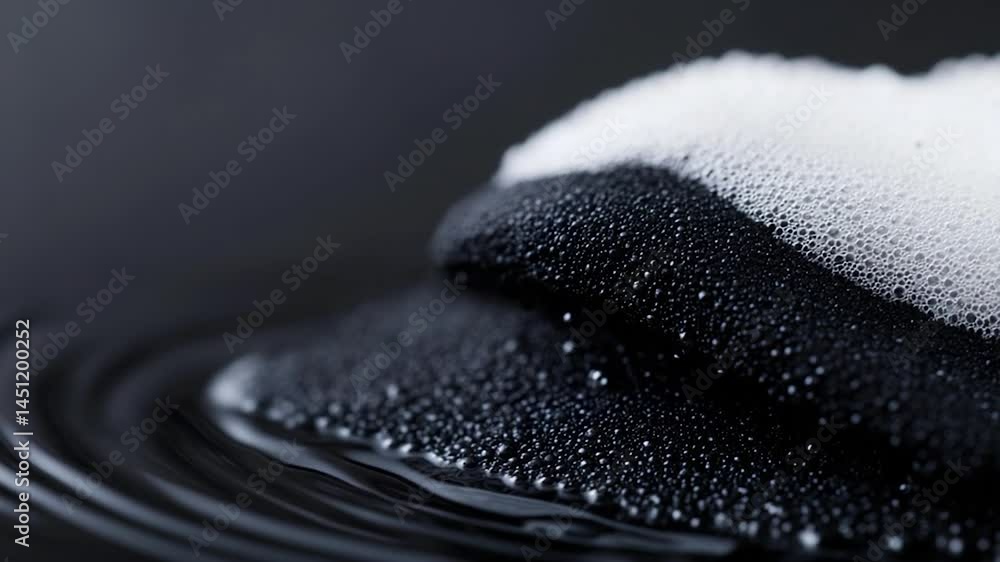 Poster close-up shot of black fabric partially submerged in water covered with white foam creating tranquil