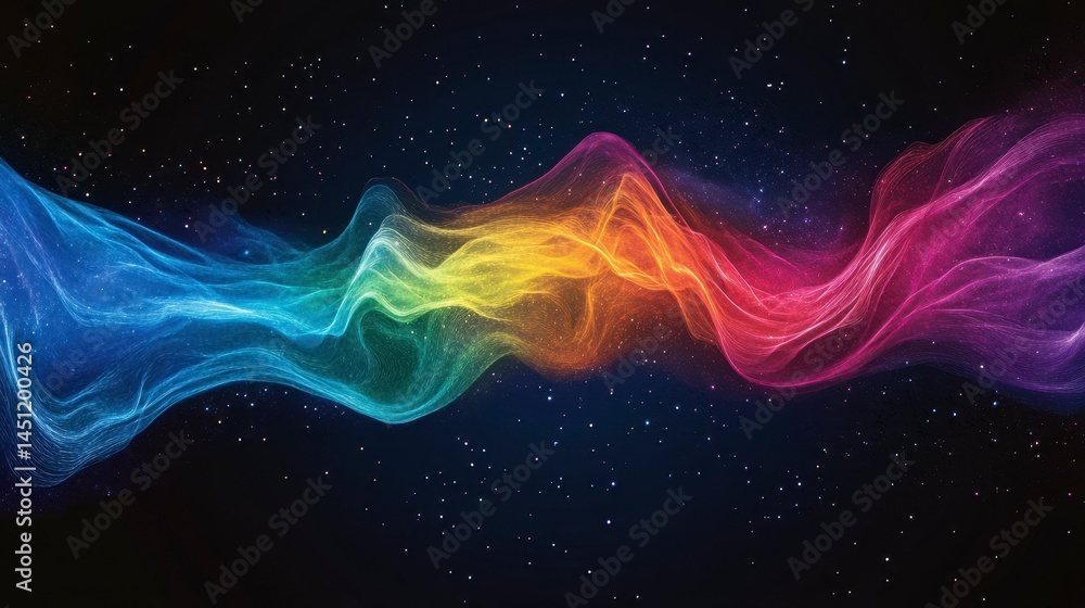 Poster a vibrant wave of colors flowing through the cosmos, creating a stunning visual representation of en