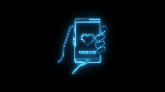 Glowing neon mobile phone hand holding donate heart charity support humanitarian causes social good contributions fundraising platform digital giving online payment