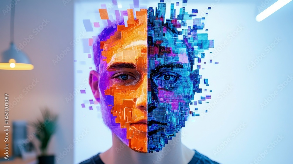 Poster exploring the convergence of technology and identity through a digital face transformation illustrat