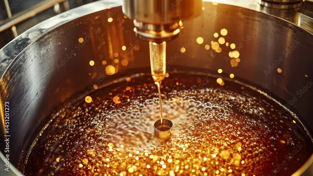 Poster honey flowing into metal container with golden liquid and bubbles creating warm glowing flow