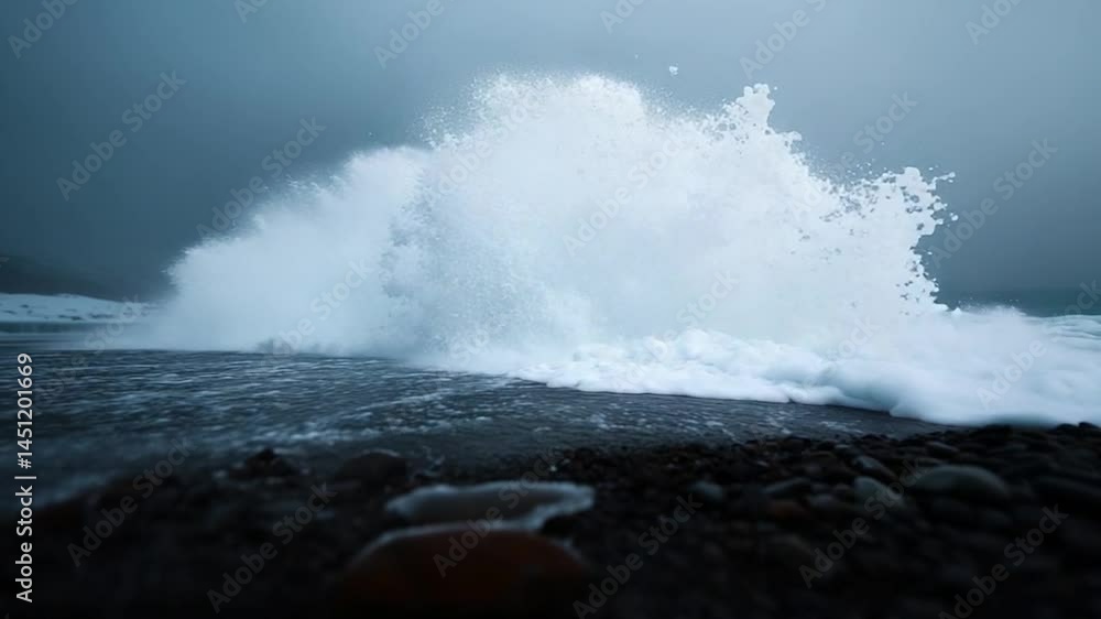 Aufkleber Dramatic view of ocean wave crashing on a dark beach creating foam against overcast sky. Textured foreground of wet dark pebbles and water. Moody atmosphere with low angle