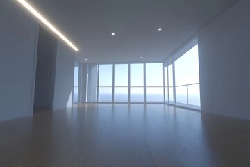 Bright interior design of a modern room with large windows and wooden floor