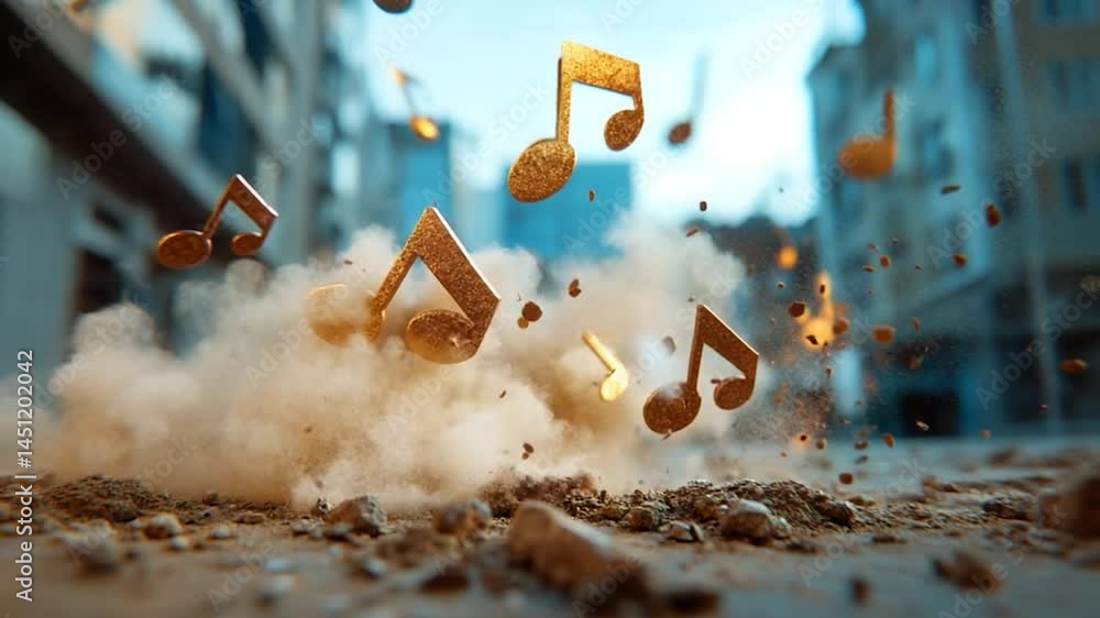 Poster dusty ground with golden musical notes rising against a blurred city backdrop. conceptual image of m