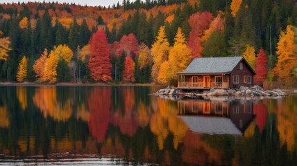 Fototapeta premium Autumnal lakeside cabin reflecting in the tranquil water amidst colorful fall foliage