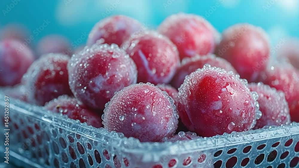 Poster Close-up view of fresh plums in a transparent plastic container. The plums are covered in water droplets against a blurred turquoise background emphasizing the fruits texture and color