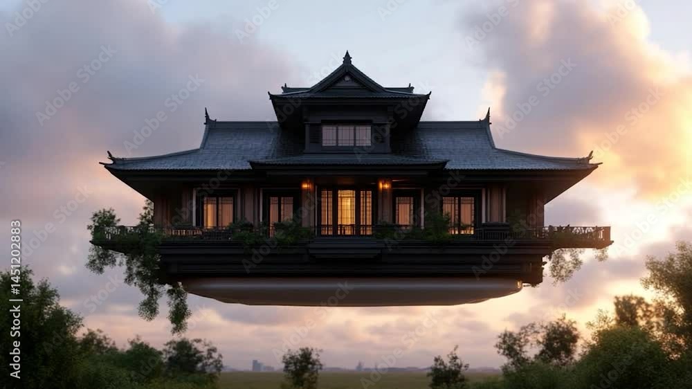 Poster surreal image of an aerial style house floating among clouds with a sunset glow. lush green trees be