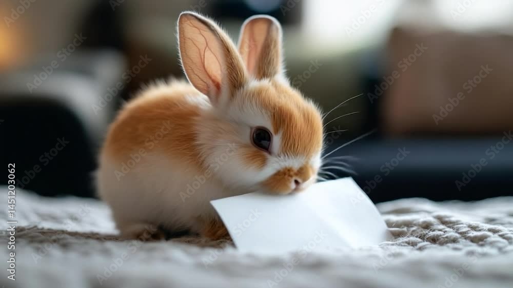 Poster close-up of a fluffy bunny with orange and white fur nibbling a blank white paper sheet on a soft bl
