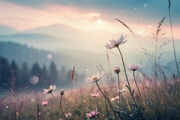 Serene Sunrise Soft-Focus Mountain Meadow with Daisies