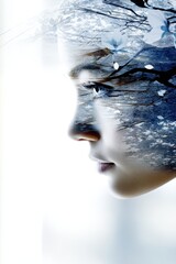 Ethereal Floral Portrait with Double Exposure of Woman and Blossoming Nature, Soft Light and Dreamy Aesthetic Capture in Serene Setting