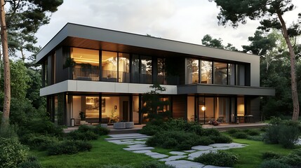 Fototapeta premium Modern Luxury Home Design: Two-Story House in a Wooded Setting