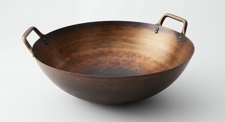 Rustic dark brown wok with copper handles