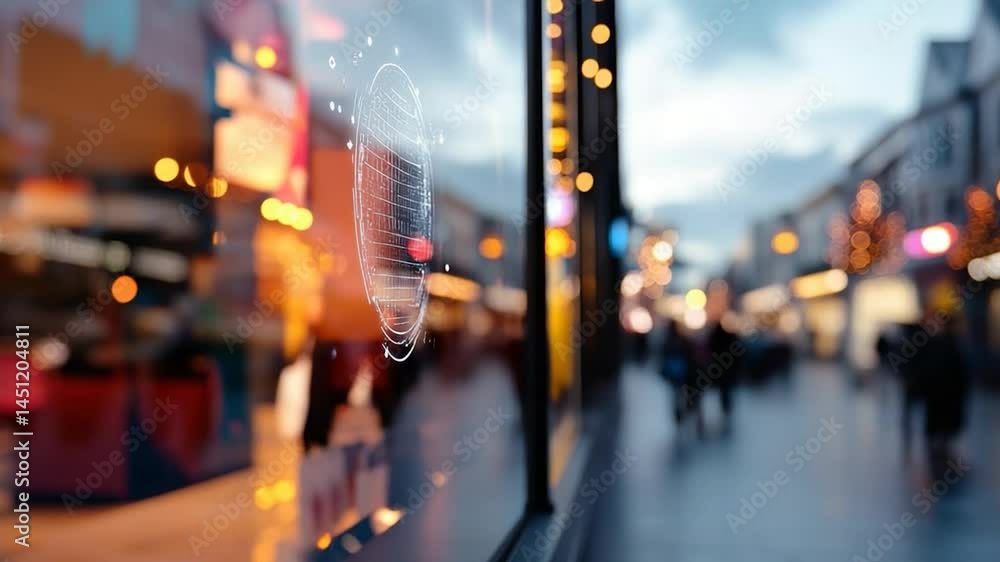 Aufkleber Cityscape view with blurred figures and bokeh effect. Reflected neon lights illuminate building window with a futuristic digital graphic. Cloudy sky backdrop with pedestrian activities in the urban
