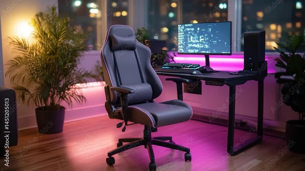 Aufkleber modern gaming setup featuring a gray chair desk and a monitor. lit with pink lighting and city view 