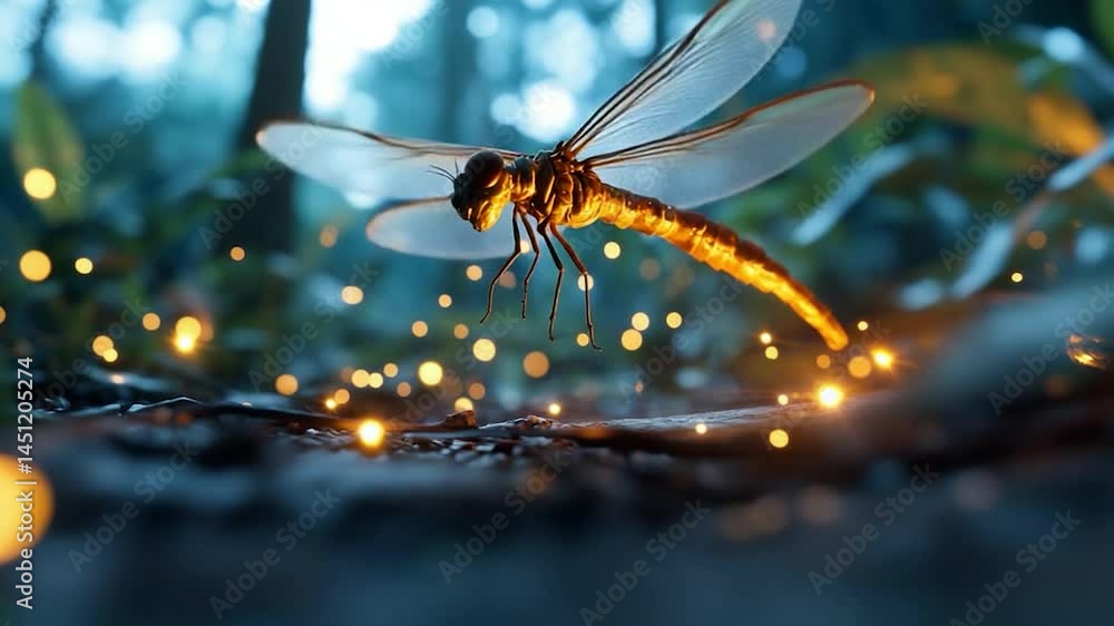 Aufkleber Close-up view of an illuminated insect with transparent wings amidst a forest setting lit by glowing orbs. Soft focus background creates an ethereal atmosphere