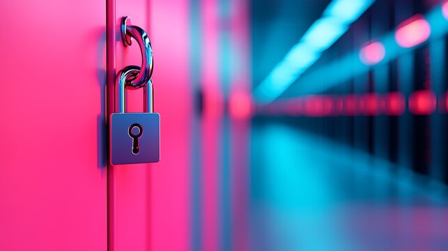 Padlock on Pink Door in a Blue and Pink Lit Server Room