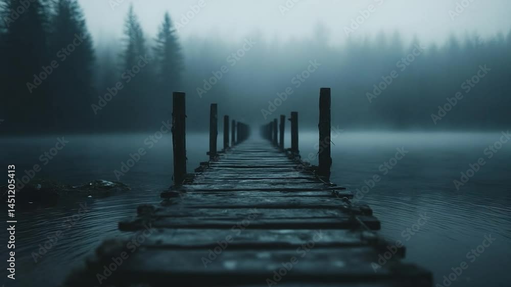 Poster An old wooden pier extends into misty lake surrounded by trees creating a mysterious atmosphere. The water reflects the sky creating a tranquil scene