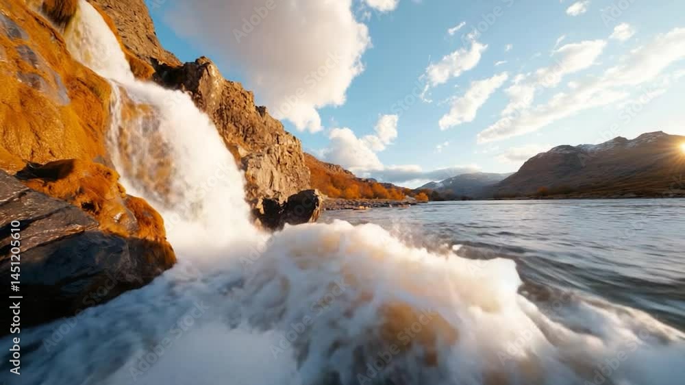 Aufkleber scenic waterfall cascading down golden cliffs into a river under a blue sky with fluffy clouds at su