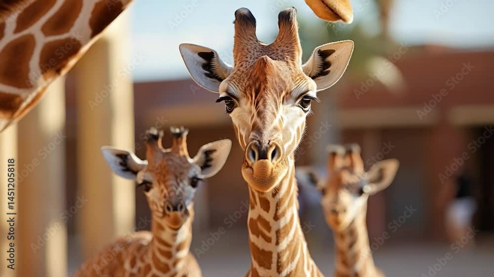 Poster close-up of multiple giraffes with focus on their faces and intricate coat patterns. warm lighting a