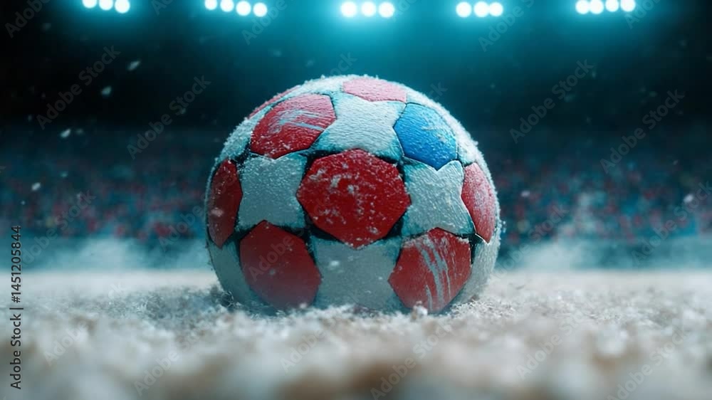 Poster a close-up of a handball with red blue and white panels on a snowy surface under stadium lights in a