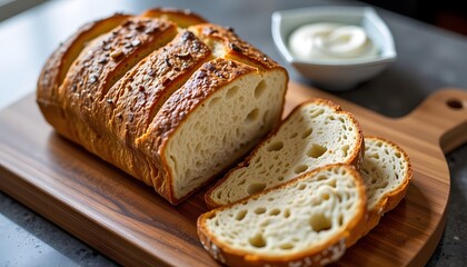 Fototapeta premium artisanal bread sliced on luxury serving board
